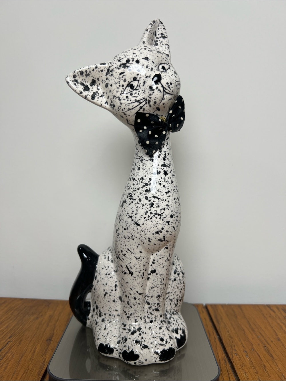 Vintage Black & White Speckled Cat Figurine with Polka Dot Bow 50s-60s Era
